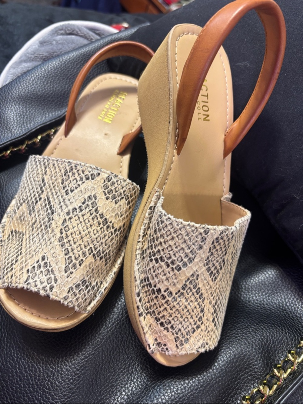 Reaction Kenneth Cole Beige Snake-Print Slingback Mules with Tan Strap
